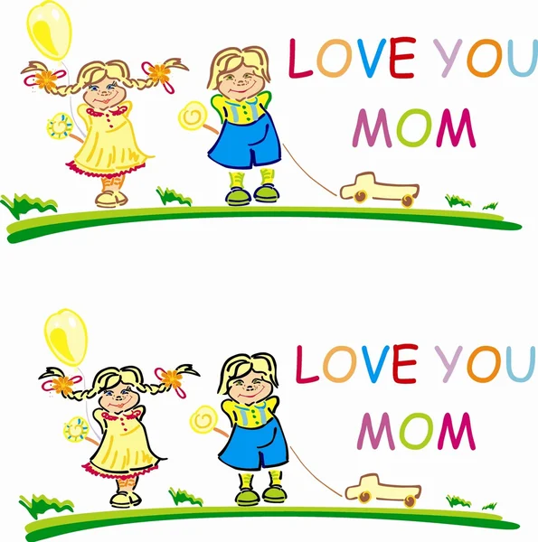 Stylized happy girl and boy with words Love you mom — 스톡 사진