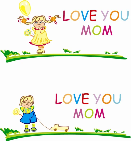 Stylized happy girl and boy with words Love you mom — Stockfoto