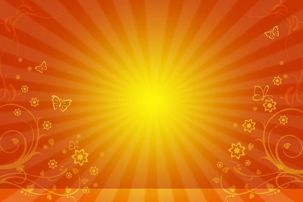 Gelber Hintergrund mit Sonne und Blumenschmuck — Stockfoto