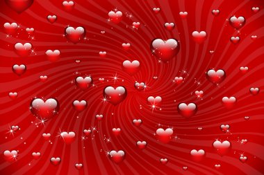 Red shiny hearts on the sunburst background clipart