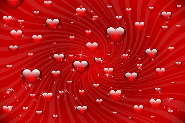 Red shiny hearts on the sunburst background — Stock Photo, Image