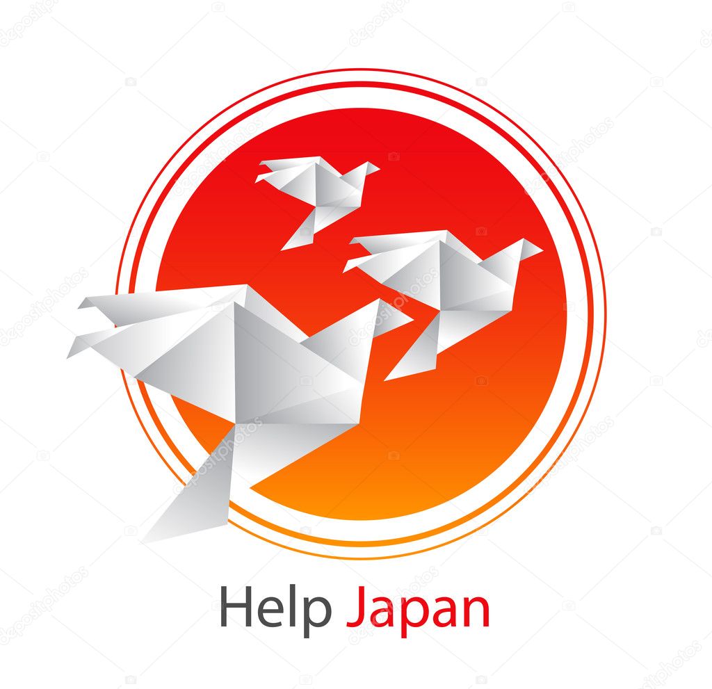 Japan flag and origami birds