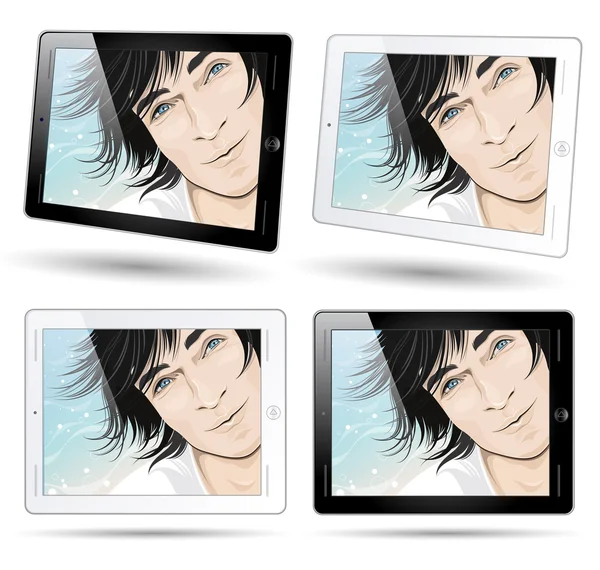 Tablet PC vectorial con sonriente rostro masculino de fondo — Vector de stock