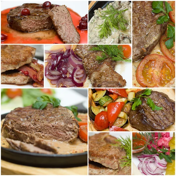맛 있는 고기 콜라주-쇠고기, 송아지 고기, 돼지고기 스테이크 장식과 함께 — 스톡 사진