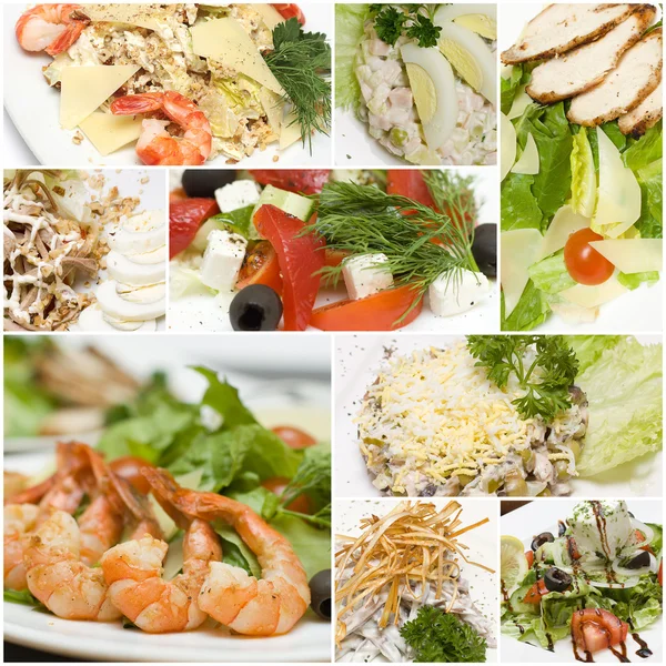 Colagem de saladas gourmet - cozinha europeia. Alimentação saudável — Fotografia de Stock