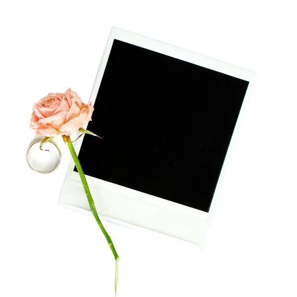 Old photo frame with love rind and rose isolated — Zdjęcie stockowe