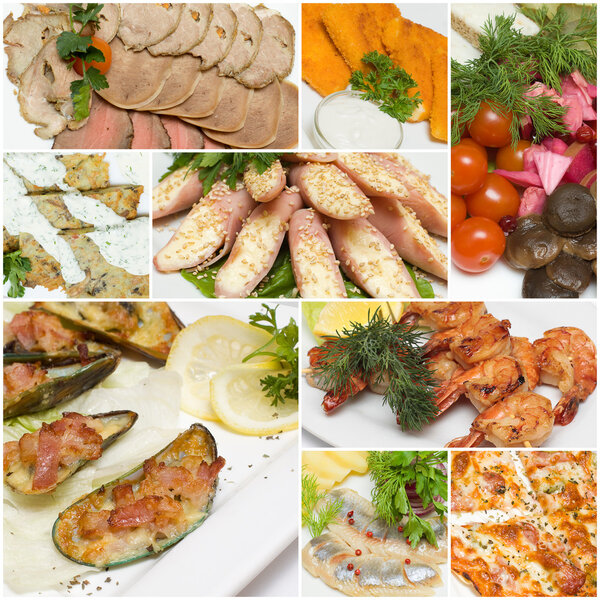 Food collage - appetizer and snack in gourmet restaurant