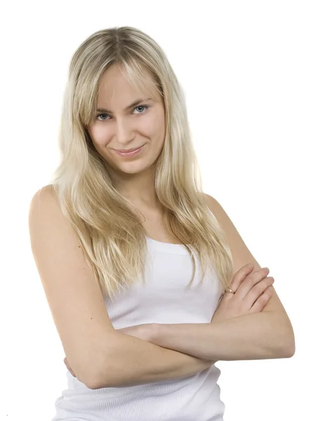 Uśmiechnięta kobieta o blond włosach na białym tle — Zdjęcie stockowe