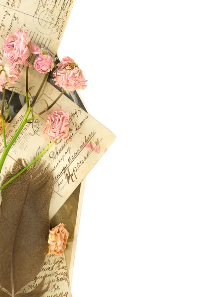 Archiwalne pocztówki, pióro i suszonych róż - nostalgii concept — Zdjęcie stockowe