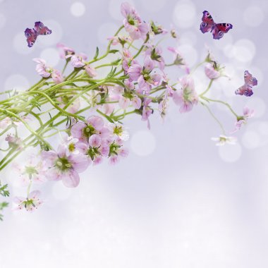 Spring Morning Concept - Flowers with Dew and Butterfly on backg clipart