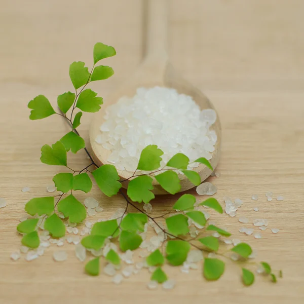 스파 개념-목욕 소금 및 녹색 잎 배경 — 스톡 사진