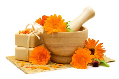 Calendula flowers with bath soap isolated - Alternative medicine clipart