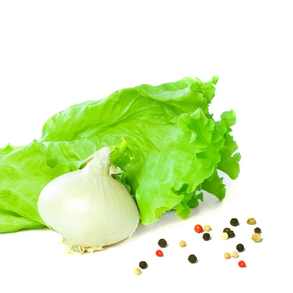 Cebola, pimenta e alface de folha verde - Isolado em Branco — Fotografia de Stock