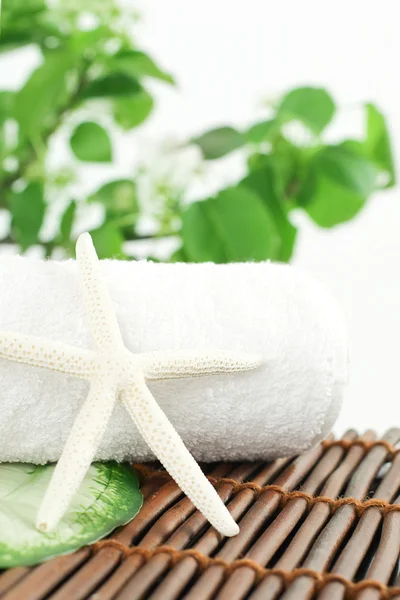 Hojas verdes y toalla blanca sobre fondo de bambú —  Fotos de Stock