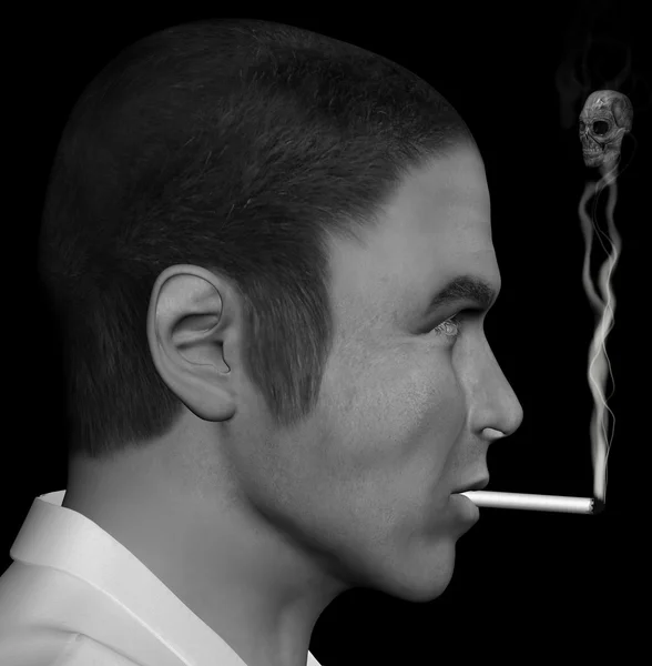 抽烟的男人和烟雾的头骨 — 图库照片