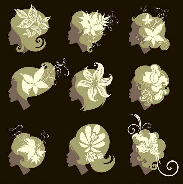 Ensemble vectoriel de cheveux vintage filles avec des fleurs — Image vectorielle