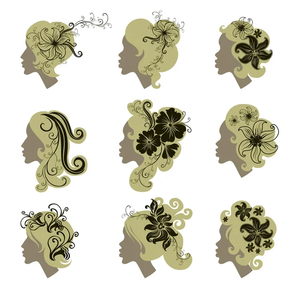 Векторный набор старинных волос девушек с цветами — стоковый вектор
