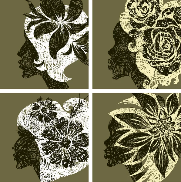 Ensemble vectoriel de cheveux vintage grunge filles avec des fleurs — Image vectorielle