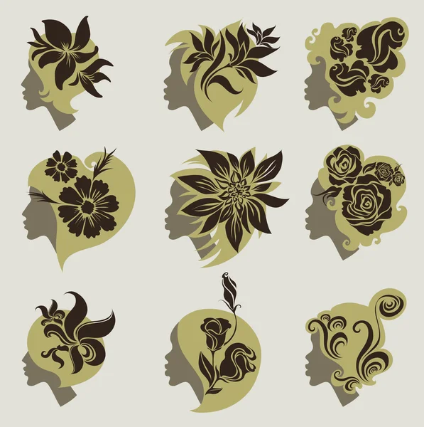 Ensemble vectoriel de cheveux vintage filles avec des fleurs — Image vectorielle