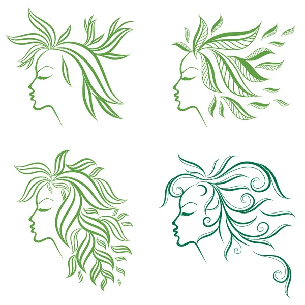 Insieme vettoriale di capelli di ragazze da foglie — Vettoriale Stock