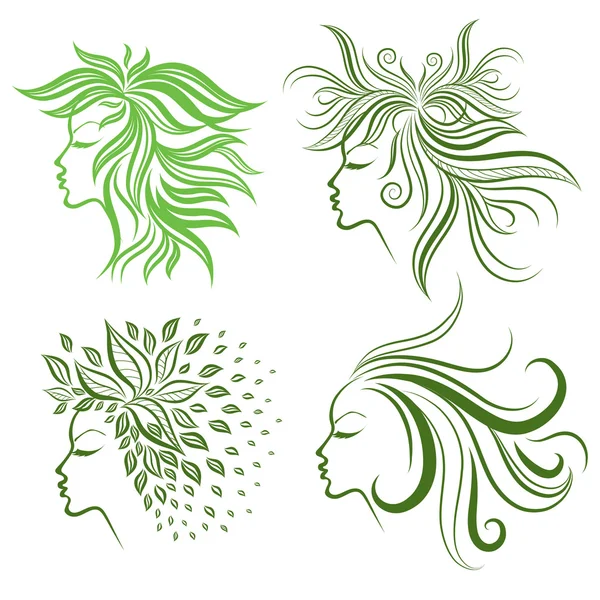 Vector set of girls hair from leafs — Stock Vector