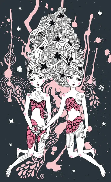 双子星座少女超现实插画 — 图库矢量图片