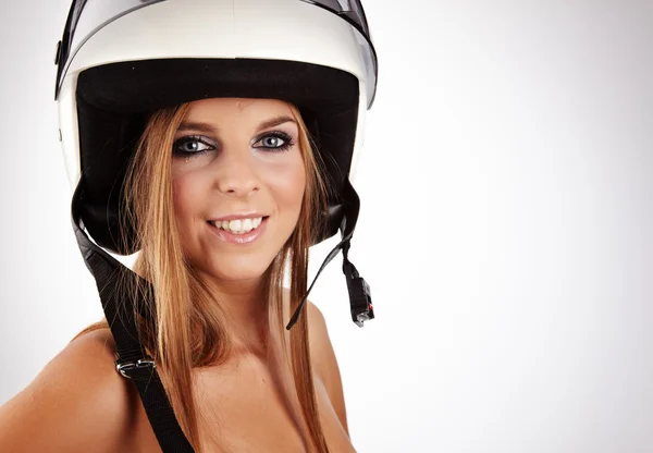 Mujer sexy con un casco motrcycle blanco y expressio sorprendido —  Fotos de Stock