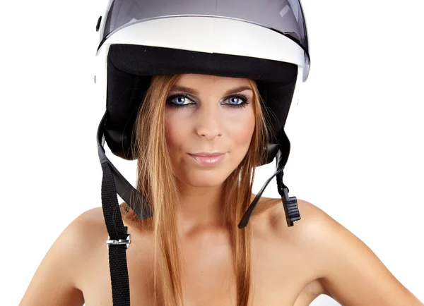 白い motrcycle ヘルメットと驚いて表現のマッチングでセクシーな女性 — ストック写真