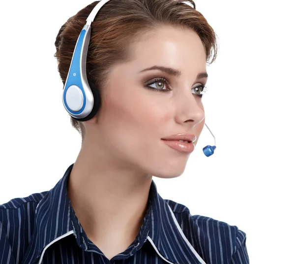 Menina representante do cliente bonita com fone de ouvido — Fotografia de Stock