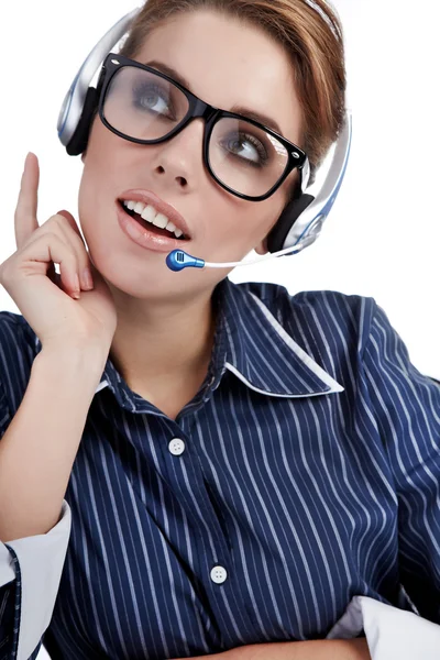 Mooie klant vertegenwoordiger meisje met hoofdtelefoon — Stockfoto