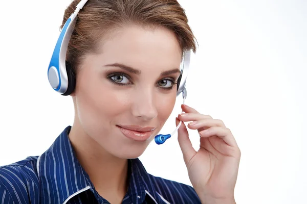 Mooie klant vertegenwoordiger meisje met hoofdtelefoon — Stockfoto