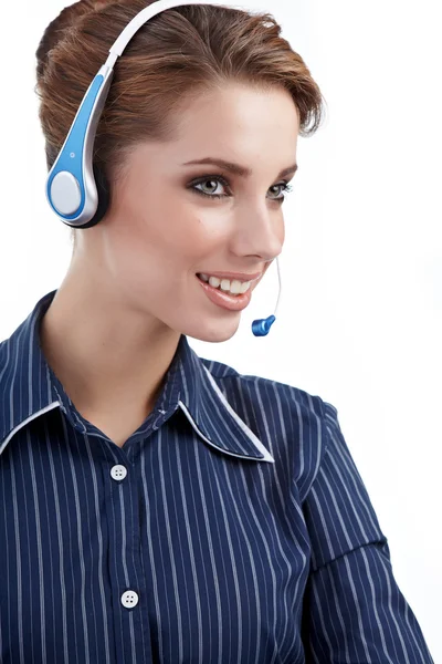 Όμορφη πελάτη αντιπροσωπευτικά κορίτσι με ακουστικό — Φωτογραφία Αρχείου