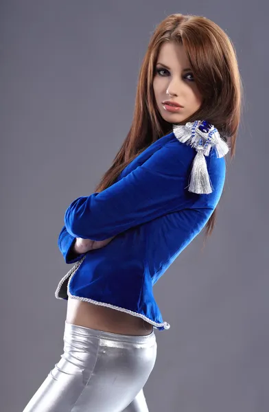Sexy glamour menina vestindo azul jaqueta — Fotografia de Stock