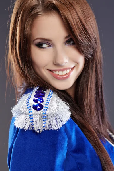 Sexy glamour girl wearing blue jacket — Stock Photo, Image
