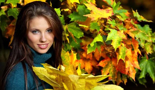 Mulher sorridente bonita no parque de outono. DOF superficial . — Fotografia de Stock