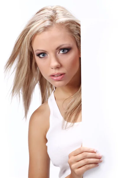 Σέξι κορίτσι, κρατώντας μια πινακίδα προσθέστε απομονωμένες πάνω από ένα λευκό φόντο — Φωτογραφία Αρχείου