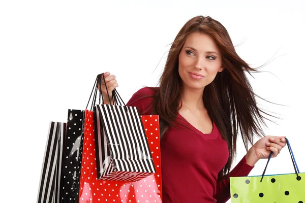 Piękna, młoda kobieta z kolorowe torby na zakupy — Zdjęcie stockowe