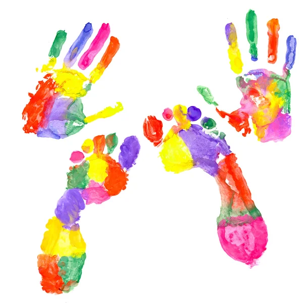 Mão colorida e pegada colorida — Fotografia de Stock