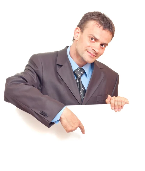 Young businessman points his finger — Stock Photo, Image