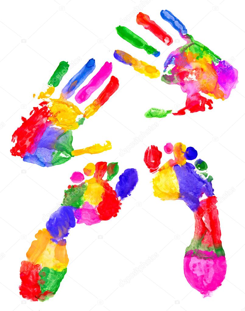 Colored handprint and colored footprint on white