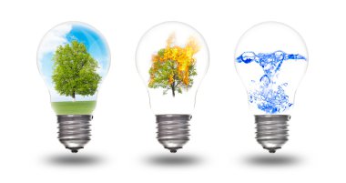Light bulb with three elements inside: nature, fire and water clipart