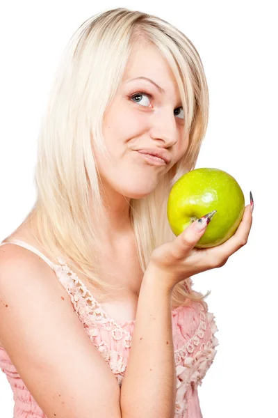 Belle fille blonde avec pomme verte fraîche — Photo