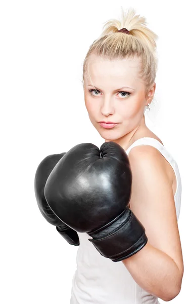 Schöne blonde Mädchen in Boxhandschuhen — Stockfoto
