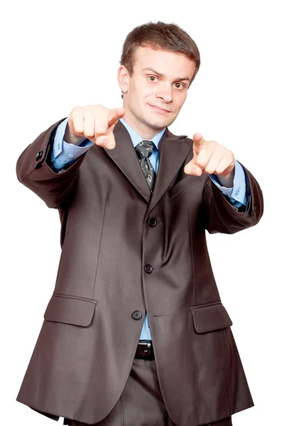 Businessman pointing fingers at viewer — Stock Photo, Image