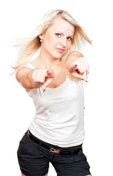 Young beautiful blonde girl pointing to you — Stock Photo, Image