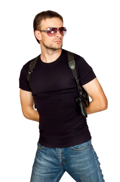 권총 휴대 주머니에서 총을 가진 남자 — 스톡 사진