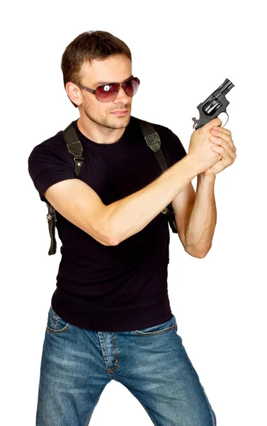 권총 휴대 주머니에서 총을 가진 남자 — 스톡 사진
