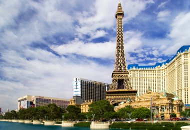 View of replica of the Eiffel Tower and classic French architect clipart