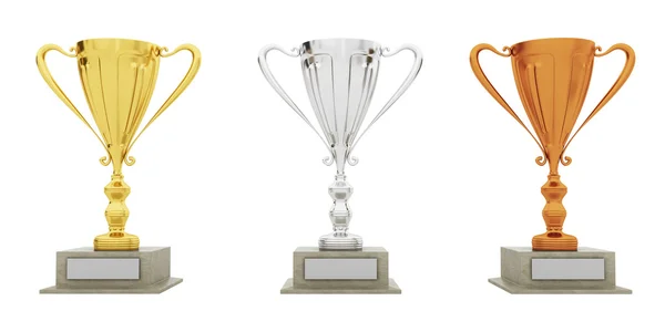 Zlaté, stříbrné a bronzové trofeje na bílém pozadí — Stock fotografie
