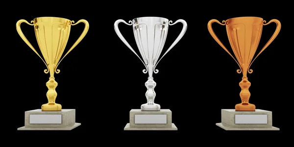 Golden, silver and bronze Trophy on black — Stock Photo, Image
